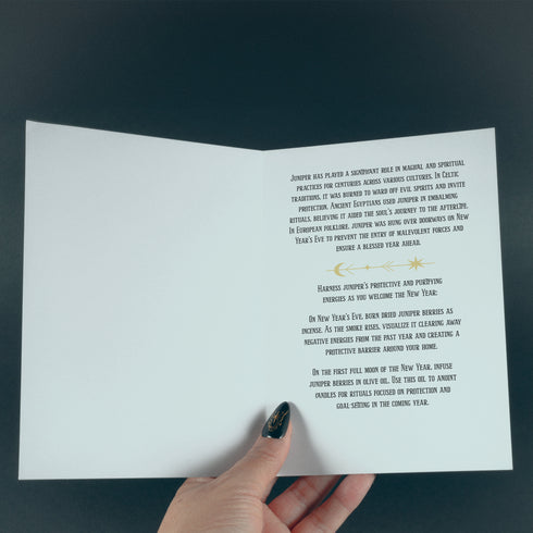 Juniper-themed greeting card featuring a gold design on a black background with celestial and botanical motifs. The text reads: 'Protection & Purification.' The inside message explains the magical and spiritual significance of juniper, including rituals for New Year's Eve and the first full moon, focusing on protection and purification practices.
